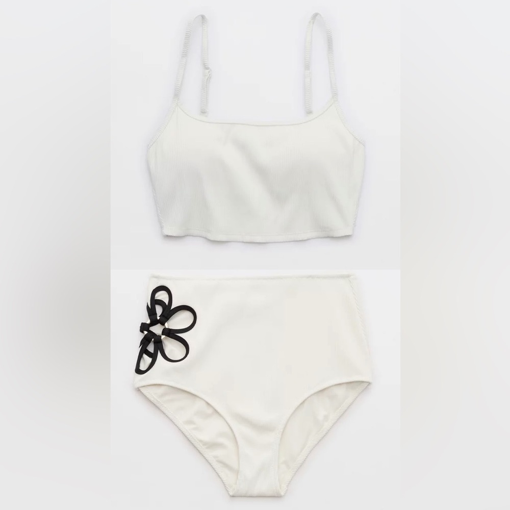 Aerie White Ribbed Scoop Longline Bikini Top & Daisy High Rise Bikini Bottom